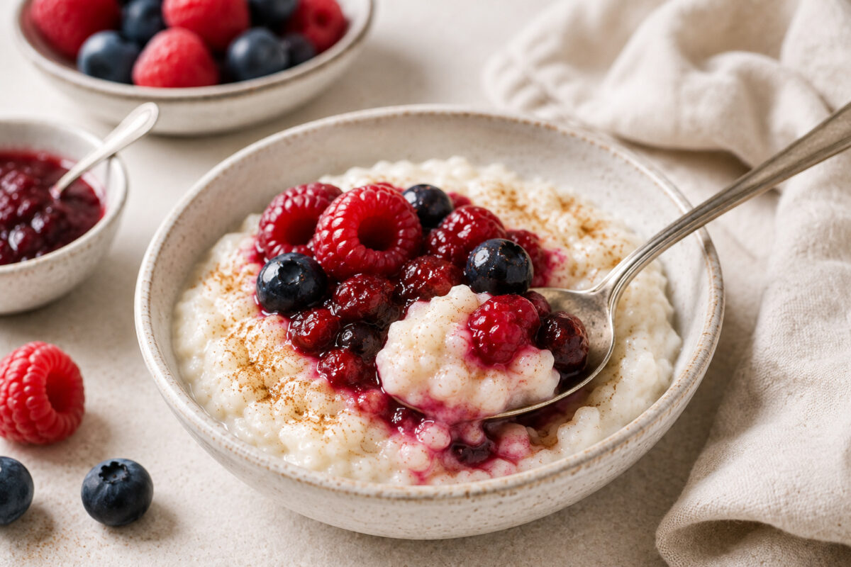 Servier- und Detailansicht des fertigen Milchreises mit Beeren, Beerenkompott und Zimt, mit Löffel im Gericht.