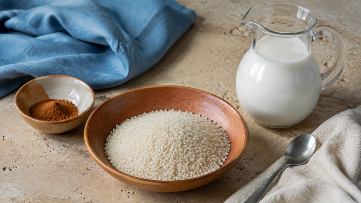 Zutaten- und Vorbereitungsansicht. Rezept: Milchreis mit laktosefreier Milch und Zimt