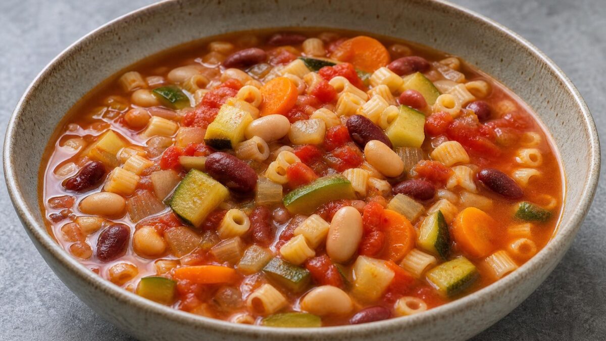 Hauptansicht des fertigen Gerichts. Rezept: Minestrone mit Bohnen, Gemüse und kleinen Nudeln