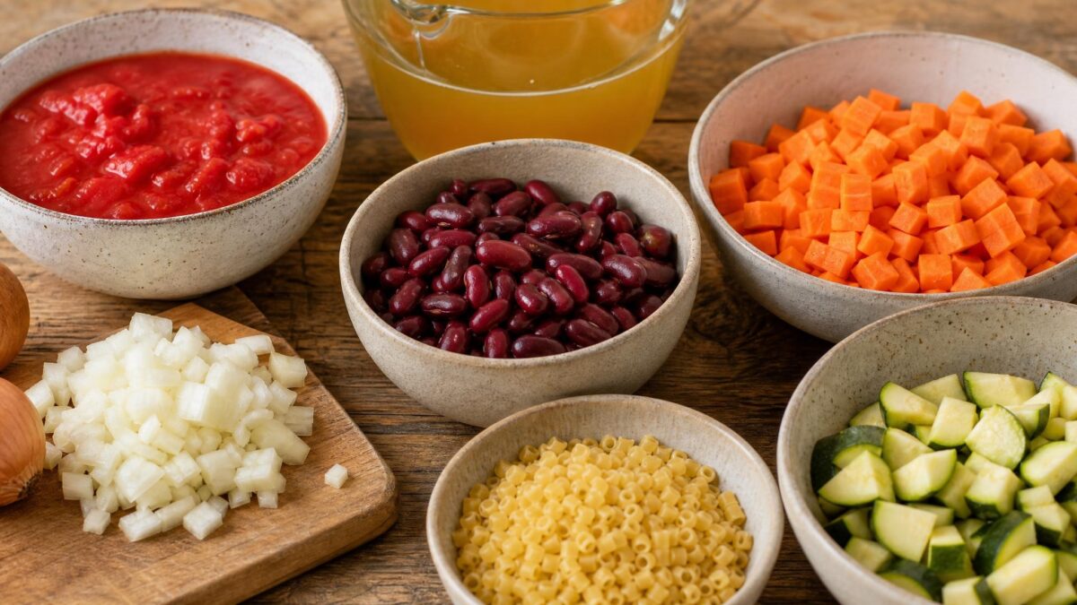 Zutaten- und Vorbereitungsansicht. Rezept: Minestrone mit Bohnen, Gemüse und kleinen Nudeln