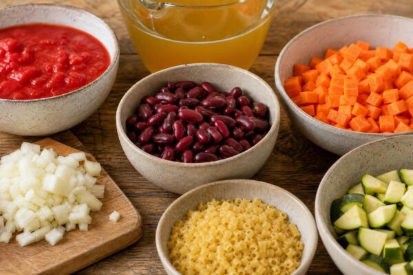 Zutaten- und Vorbereitungsansicht. Rezept: Minestrone mit Bohnen, Gemüse und kleinen Nudeln