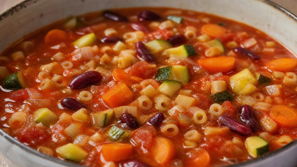 Fertiges Gericht aus einer alternativen Perspektive. Rezept: Minestrone mit Bohnen, Gemüse und kleinen Nudeln