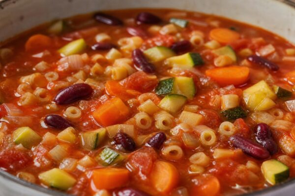 Fertiges Gericht aus einer alternativen Perspektive. Rezept: Minestrone mit Bohnen, Gemüse und kleinen Nudeln