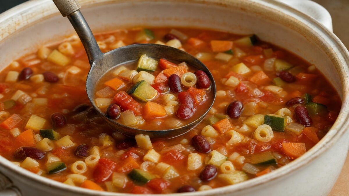 Servierszene mit dem fertigen Gericht. Rezept: Minestrone mit Bohnen, Gemüse und kleinen Nudeln