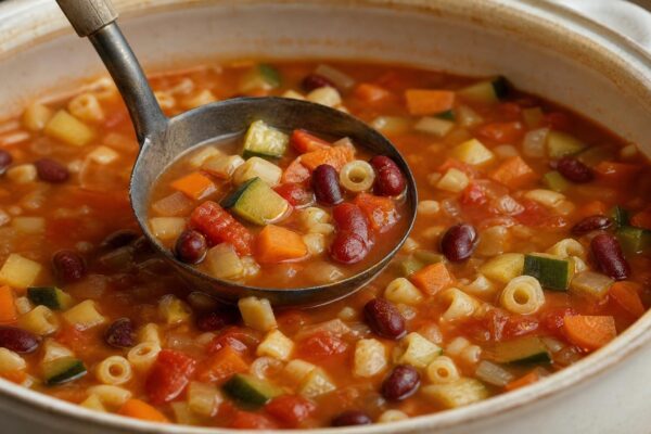 Servierszene mit dem fertigen Gericht. Rezept: Minestrone mit Bohnen, Gemüse und kleinen Nudeln