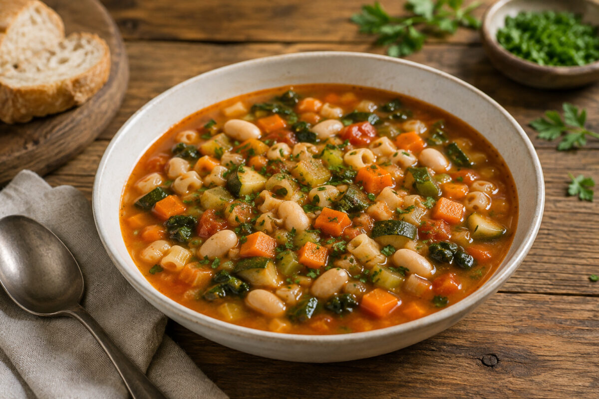Fertige Minestrone mit weißen Bohnen, kleiner Pasta, Karotten, Sellerie, Zucchini und Blattgrün in Tomatenbrühe; Hauptansicht in heller Keramikschale.