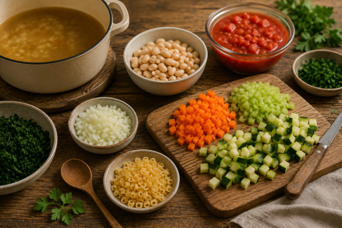 Zutaten- und Vorbereitungsansicht mit weißen Bohnen, kleiner Pasta, Karotten, Sellerie, Zucchini, Zwiebel, Tomaten, Blattgrün, Petersilie und Gemüsebrühe.