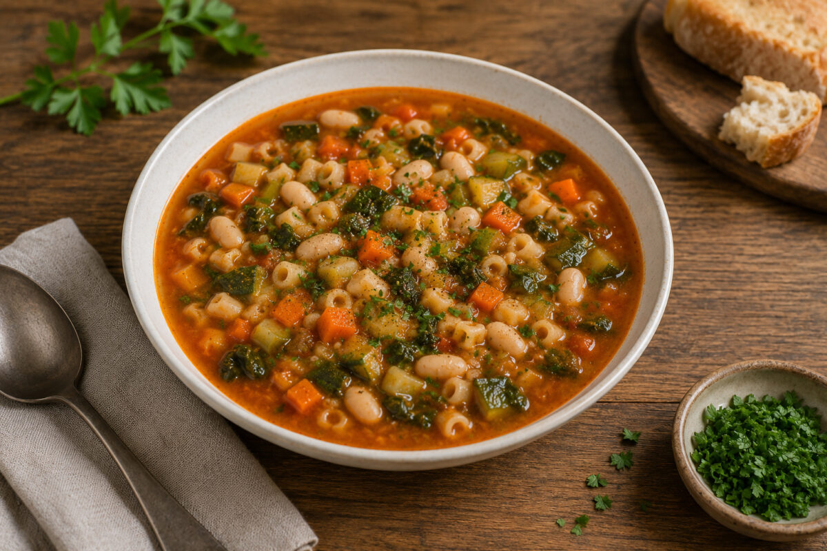 Fertige Minestrone derselben Serie aus alternativer, etwas stärker von oben gezeigter Perspektive.