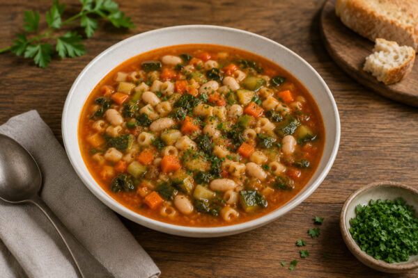 Fertige Minestrone derselben Serie aus alternativer, etwas stärker von oben gezeigter Perspektive.