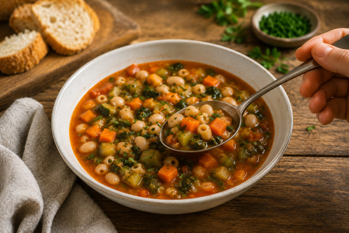 Servierszene der fertigen Minestrone mit einem Löffel, der Bohnen, Pasta und Gemüse aus der Suppe aufnimmt.