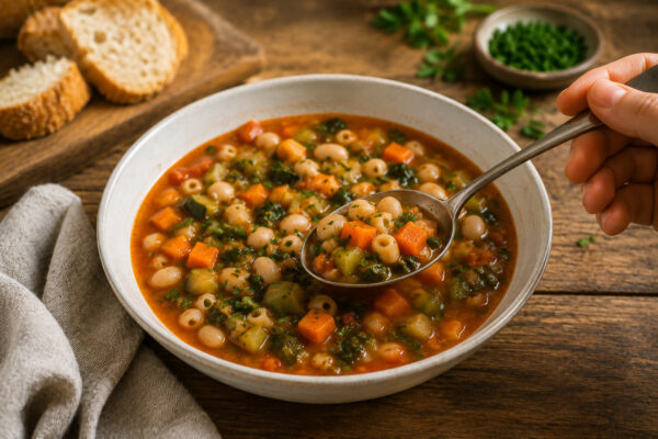 Servierszene der fertigen Minestrone mit einem Löffel, der Bohnen, Pasta und Gemüse aus der Suppe aufnimmt.