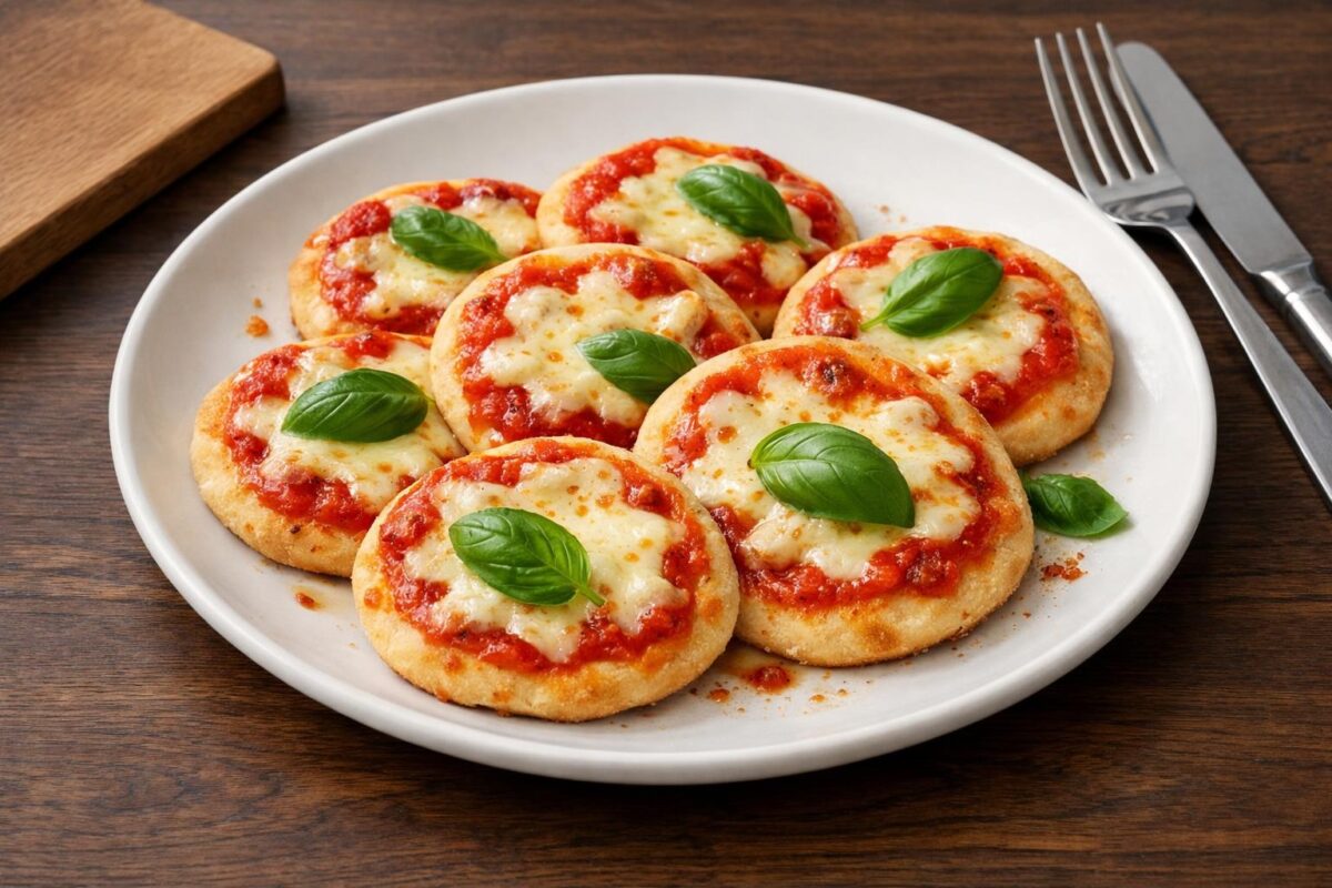 Hauptansicht des fertigen Gerichts. Rezept: Mini-Pizzen mit Tomate und laktosefreiem Käse