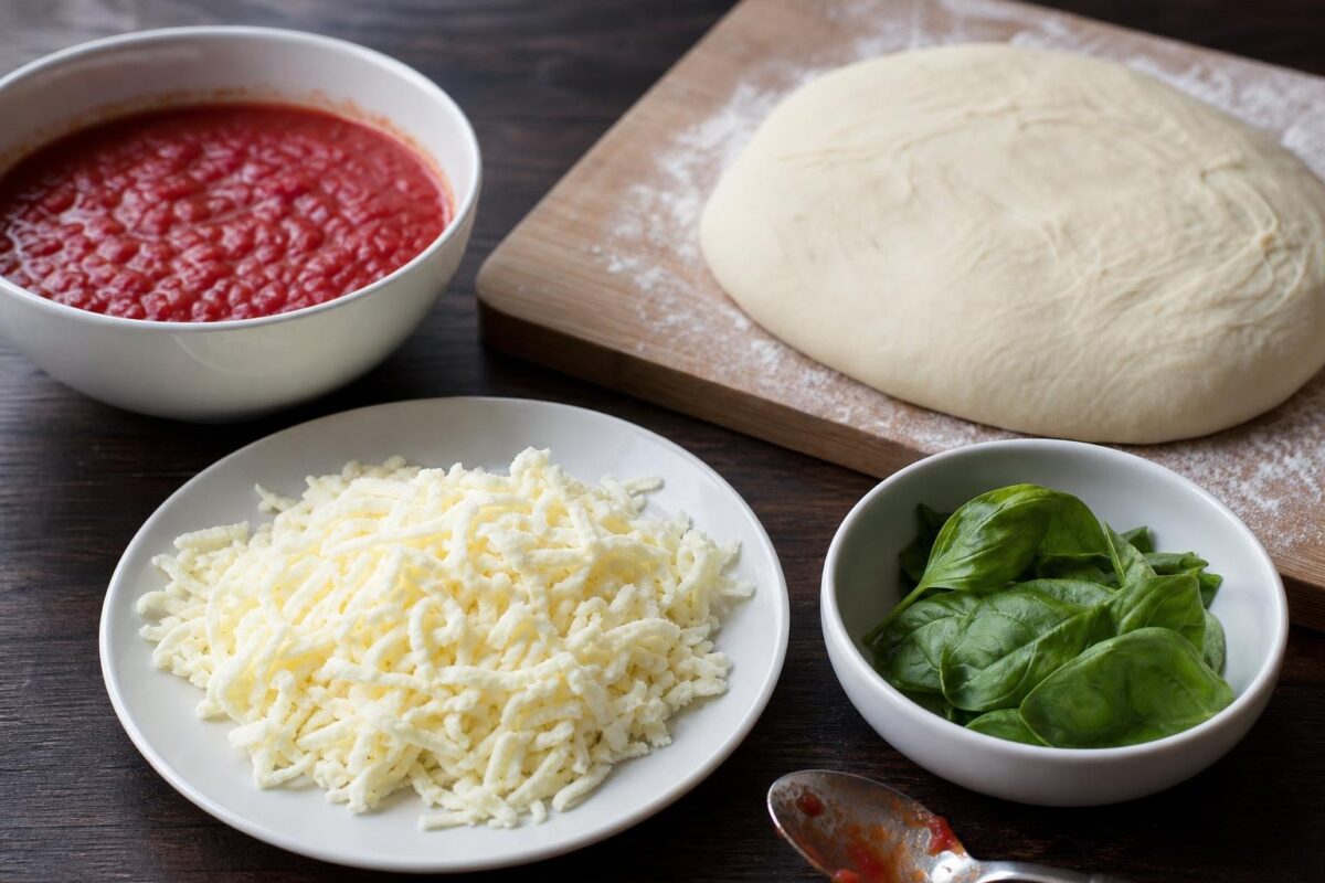 Zutaten- und Vorbereitungsansicht. Rezept: Mini-Pizzen mit Tomate und laktosefreiem Käse
