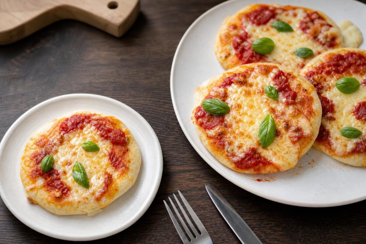 Servierszene mit dem fertigen Gericht. Rezept: Mini-Pizzen mit Tomate und laktosefreiem Käse
