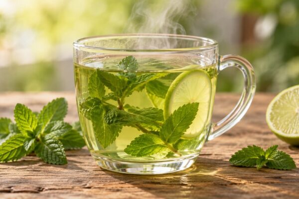 Minztee mit Limette: Fertiges Getränk als zentrales Hauptmotiv.