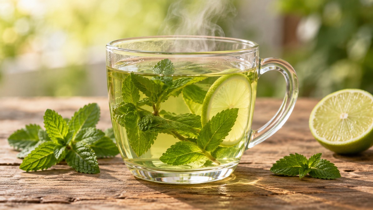 Minztee mit Limette: Fertiges Getränk als zentrales Hauptmotiv.