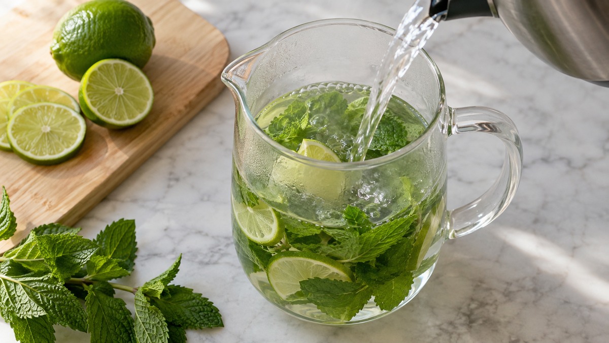 Minztee mit Limette: Verwendete Zutaten und nachvollziehbare Vorbereitung.
