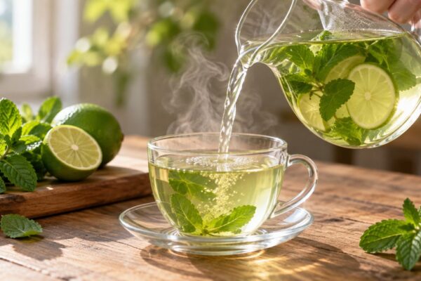 Minztee mit Limette: Alternative Anrichtung oder aktive Servierszene.