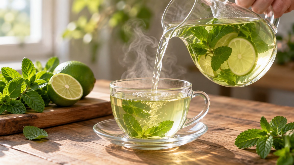 Minztee mit Limette: Alternative Anrichtung oder aktive Servierszene.