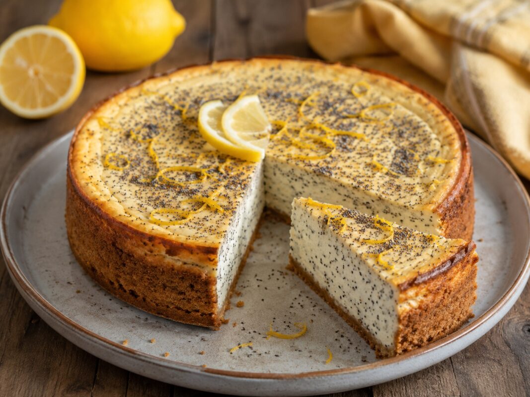 Runder Mohn-Käsekuchen mit entnommenem Stück, Zitronenzesten auf der Oberfläche und Zitronen als Requisiten.