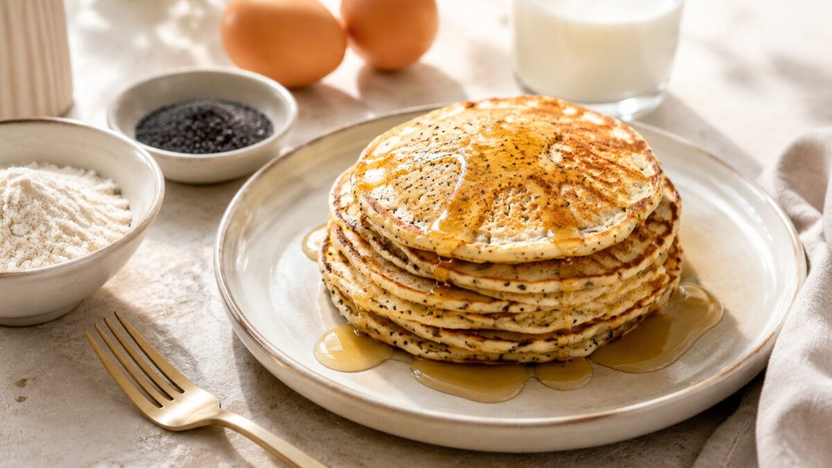 Hauptansicht des fertigen Gerichts. Rezept: Mohn-Zitronen-Pancakes