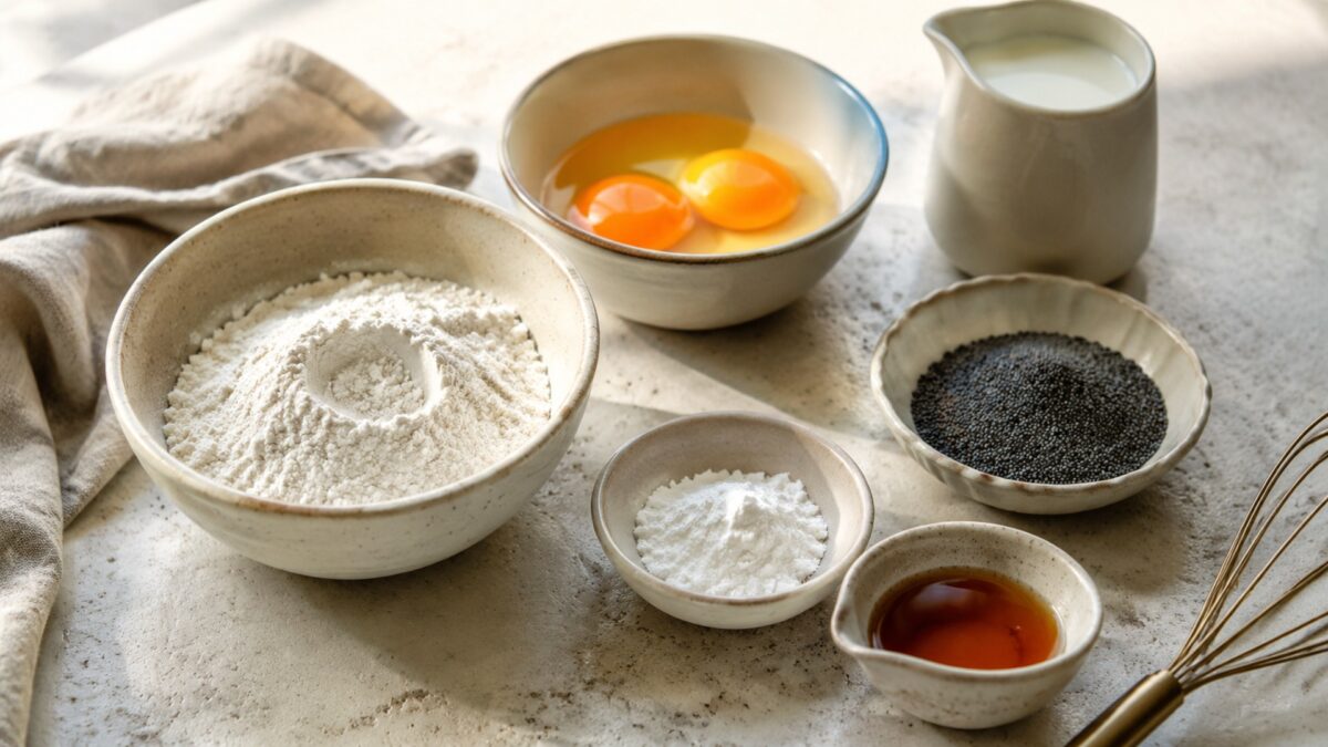 Zutaten- und Vorbereitungsansicht. Rezept: Mohn-Zitronen-Pancakes
