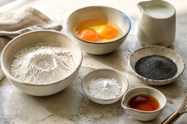 Zutaten- und Vorbereitungsansicht. Rezept: Mohn-Zitronen-Pancakes
