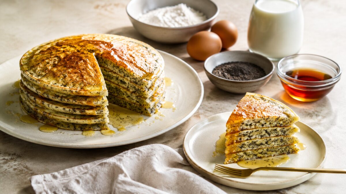 Servierszene mit dem fertigen Gericht. Rezept: Mohn-Zitronen-Pancakes
