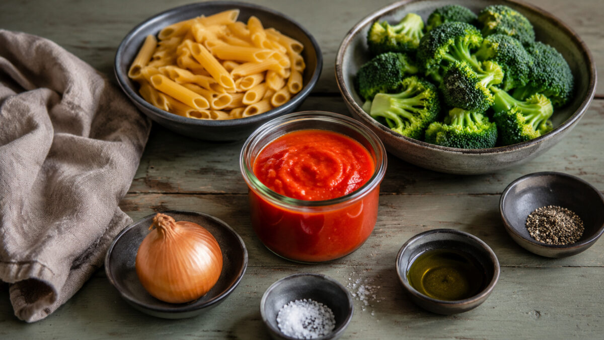 Zutaten- und Vorbereitungsansicht. Rezept: Nudel-Brokkoli-Auflauf mit Tomatensauce