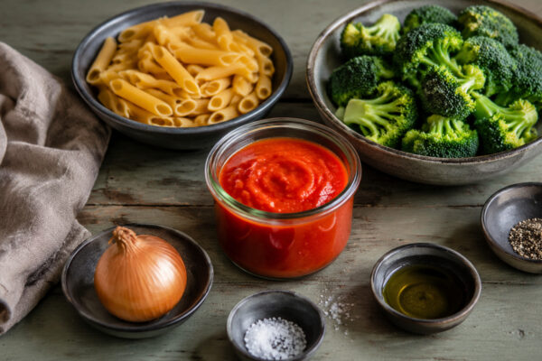 Zutaten- und Vorbereitungsansicht. Rezept: Nudel-Brokkoli-Auflauf mit Tomatensauce