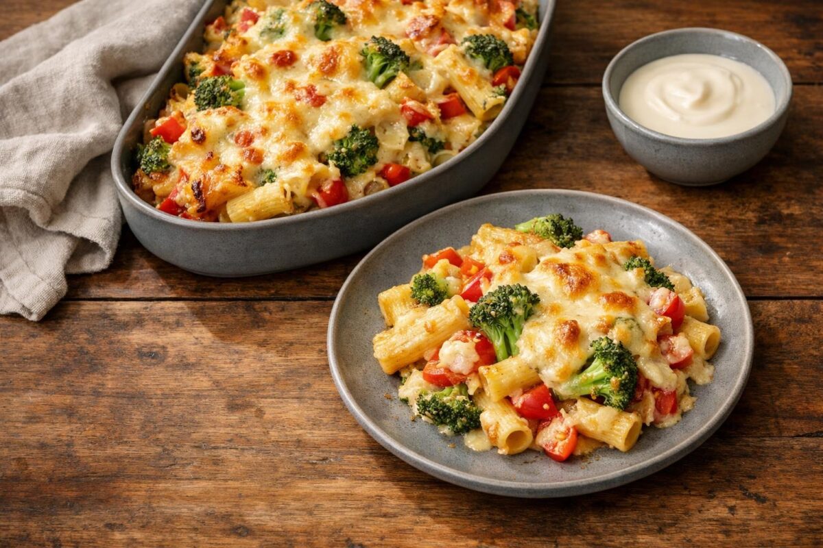 Hauptansicht des fertigen Gerichts. Rezept: Nudelauflauf mit Gemüse und laktosefreiem Käse