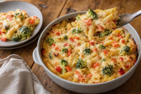 Servierszene mit dem fertigen Gericht. Rezept: Nudelauflauf mit Gemüse und laktosefreiem Käse