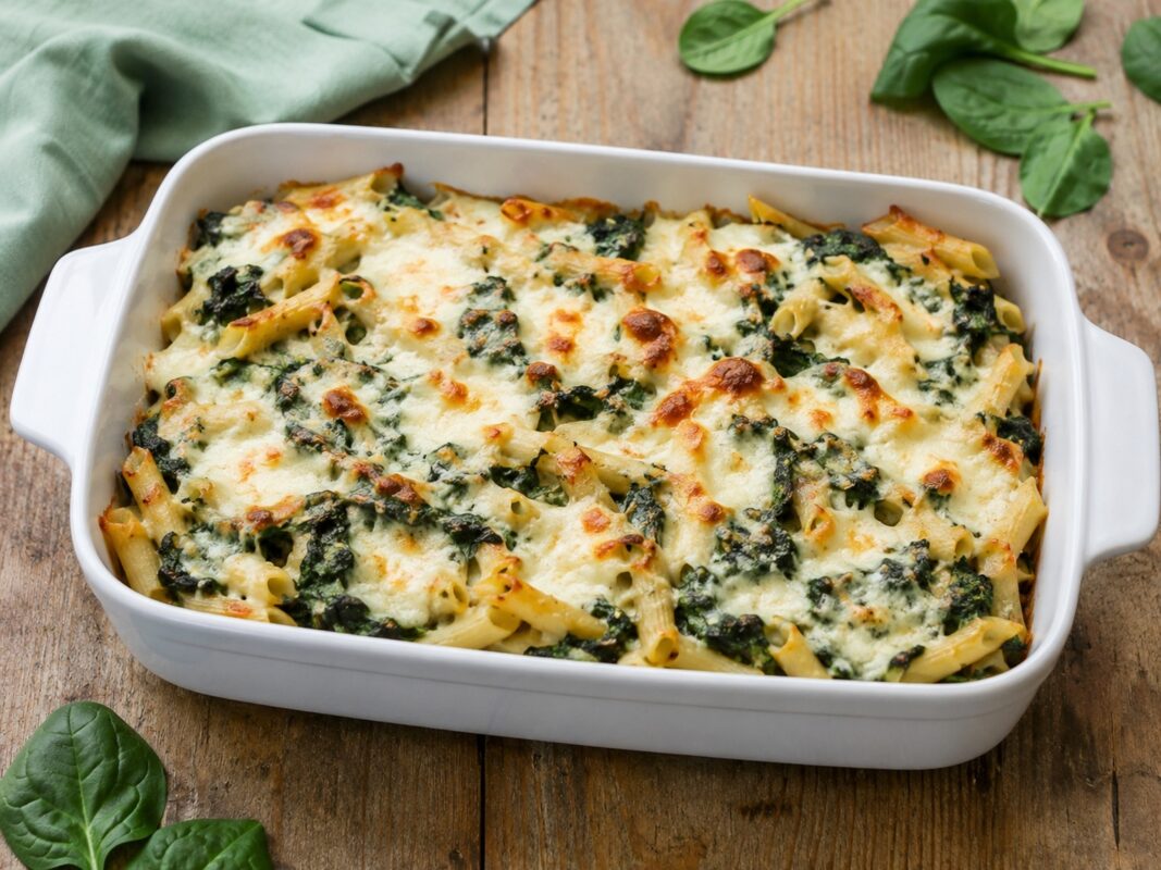 Eine weiße Auflaufform mit Pasta, Spinat und goldbraun geschmolzenem Mozzarella.