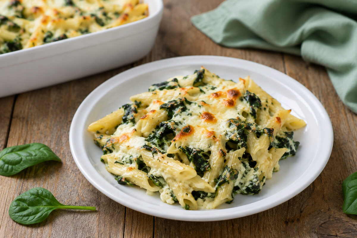 Servieransicht einer Portion des fertigen Nudelauflaufs mit sichtbaren Nudeln, Blattspinat und gebräuntem Mozzarella; die Auflaufform steht im Hintergrund.