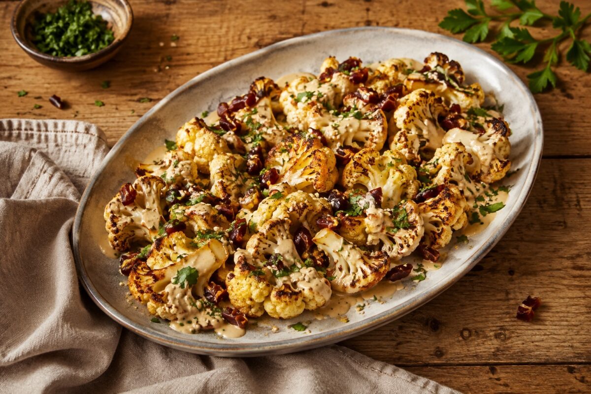 Große ovale Platte mit geröstetem Blumenkohl, heller Dattel-Tahini-Sauce, gehackten Datteln und Kräutern.