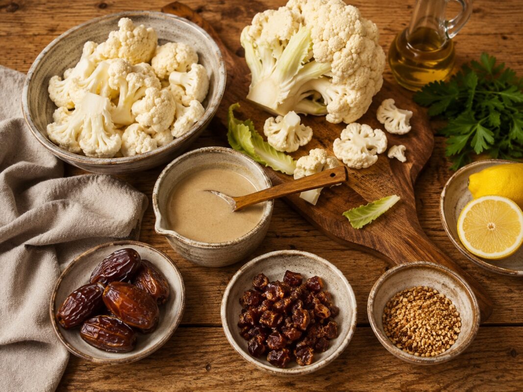 Zutaten- und Vorbereitungsansicht mit Blumenkohl, Datteln, Tahini, Zitrone, Kräutern und nussigem Topping im gleichen rustikal-warmen Stil.