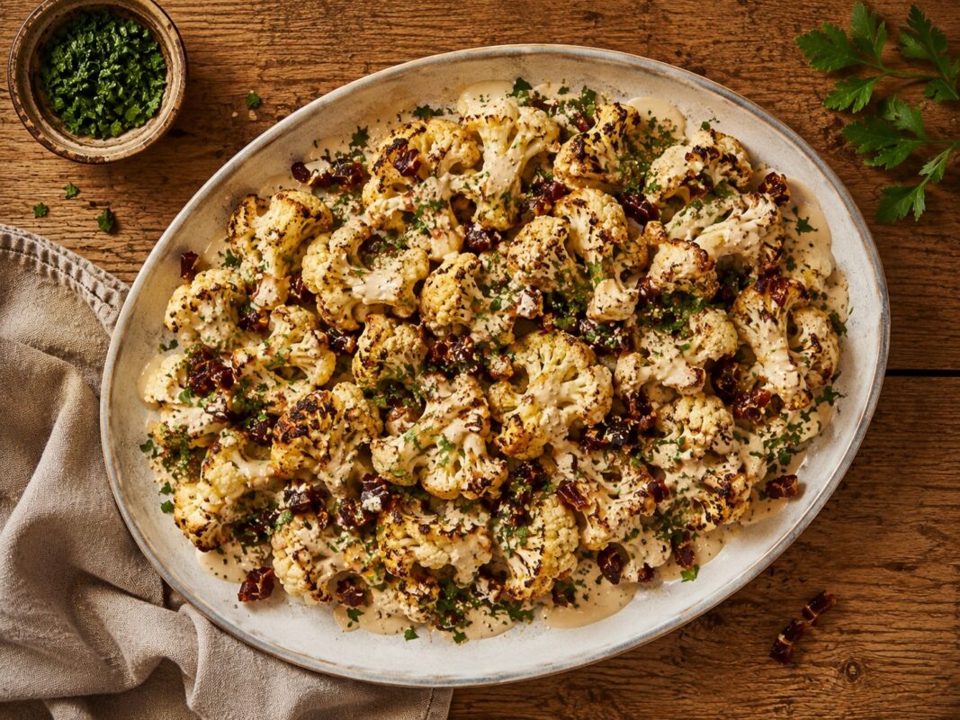 Draufsicht auf den fertig gerösteten Blumenkohl mit Dattel-Tahini-Sauce, Kräutern und Datteln auf ovaler Platte.