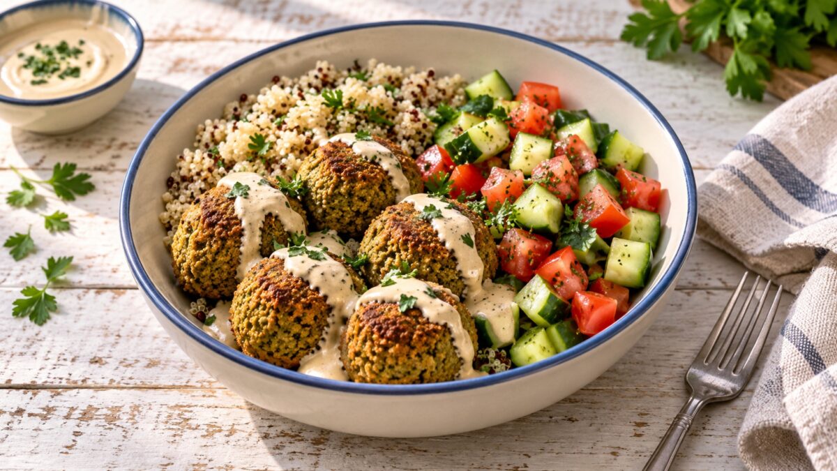 Ofen-Falafel-Bowl mit israelischem Salat