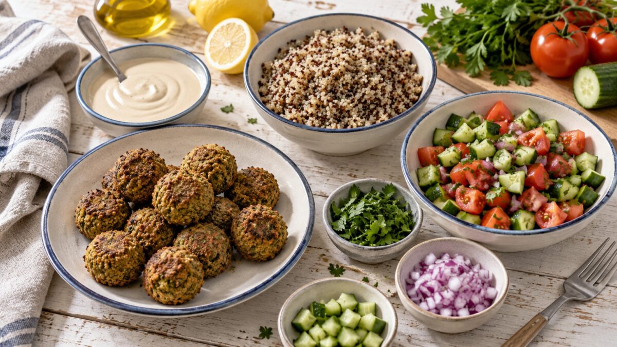 Ofen-Falafel-Bowl mit israelischem Salat