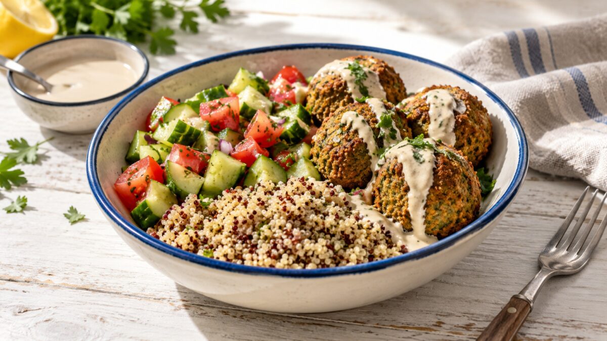 Ofen-Falafel-Bowl mit israelischem Salat