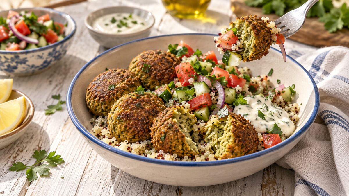Ofen-Falafel-Bowl mit israelischem Salat