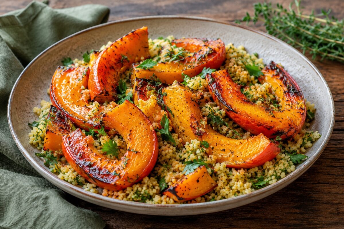 Große flache Schale mit Kräuter-Couscous und deutlich sichtbaren goldbraun gerösteten Kürbisspalten.