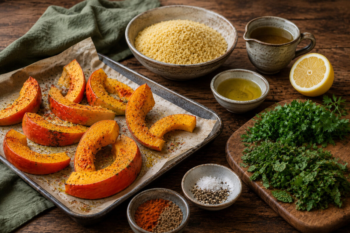 Zutaten- und Vorbereitungsansicht mit Kürbisspalten, Couscous, Kräutern, Zitrone, Olivenöl und Gewürzen.