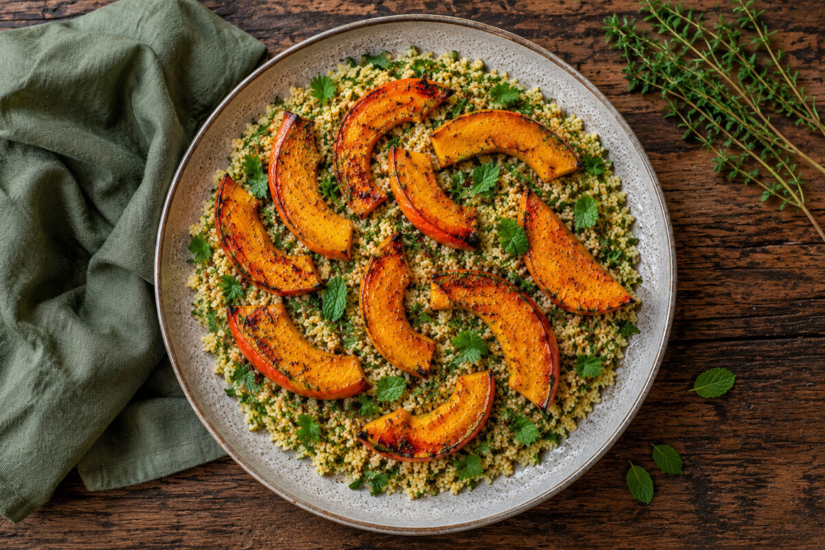 Draufsicht auf das fertig angerichtete Gericht mit gerösteten Kürbisspalten auf Kräuter-Couscous.