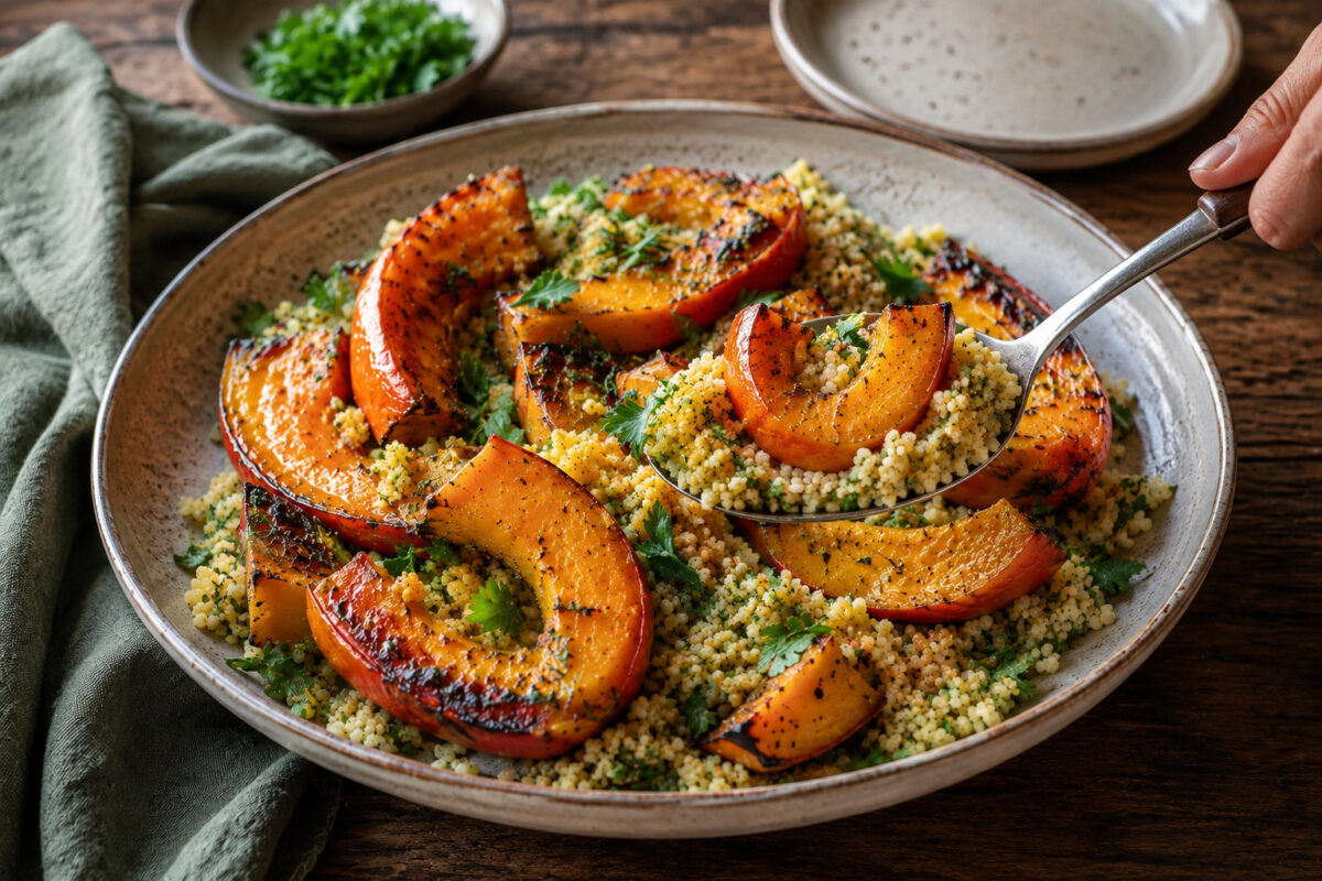 Serviersituation des fertigen Gerichts mit Kräuter-Couscous und geröstetem Kürbis.