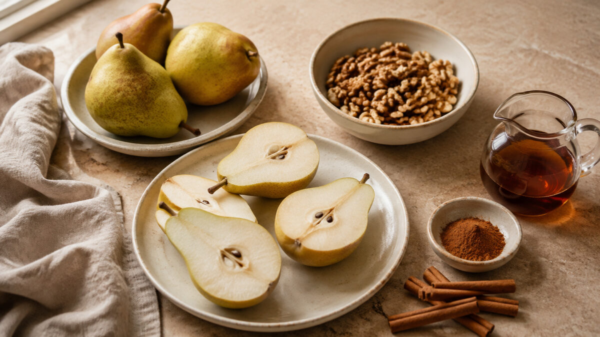 Zutaten- und Vorbereitungsansicht. Rezept: Ofenbirnen mit Walnüssen, Zimt und Ahornsirup