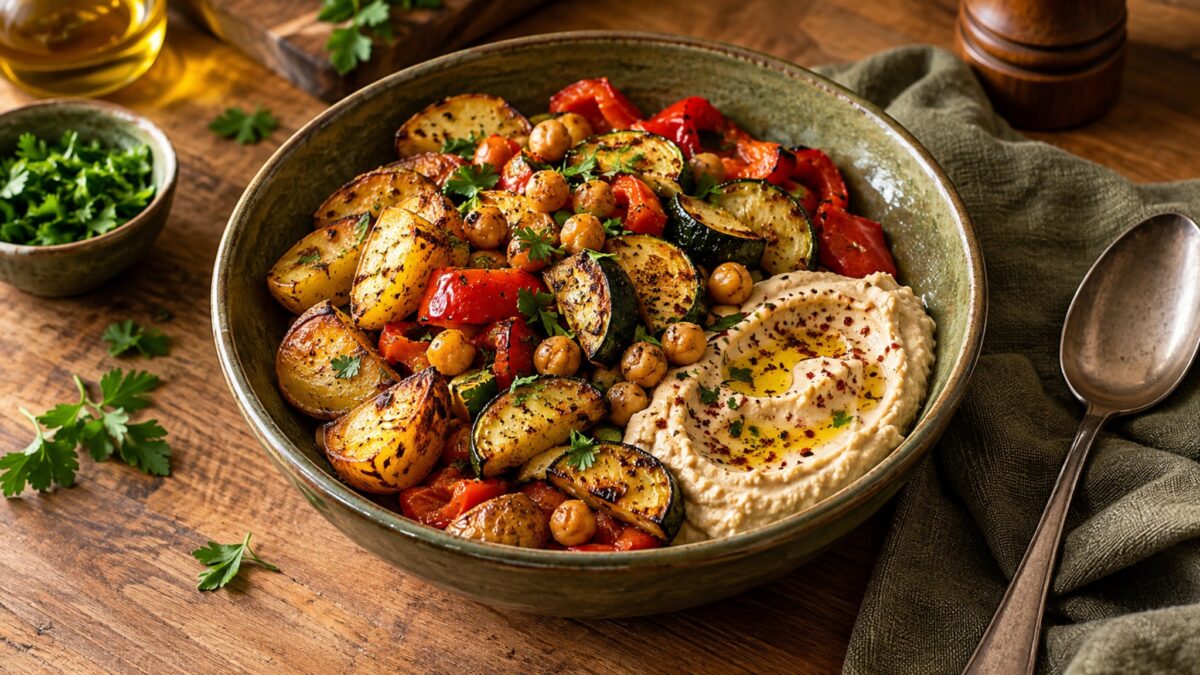 Ofengemüse-Hummus-Bowl mit Kartoffeln