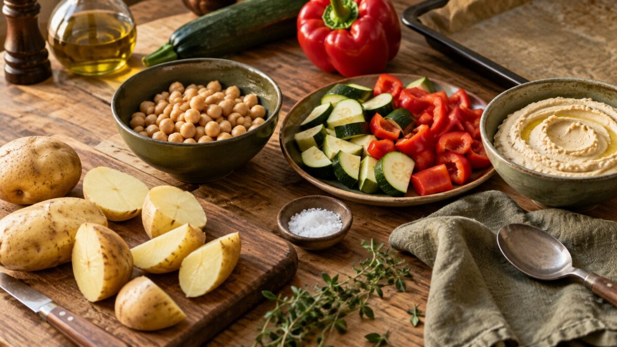Ofengemüse-Hummus-Bowl mit Kartoffeln