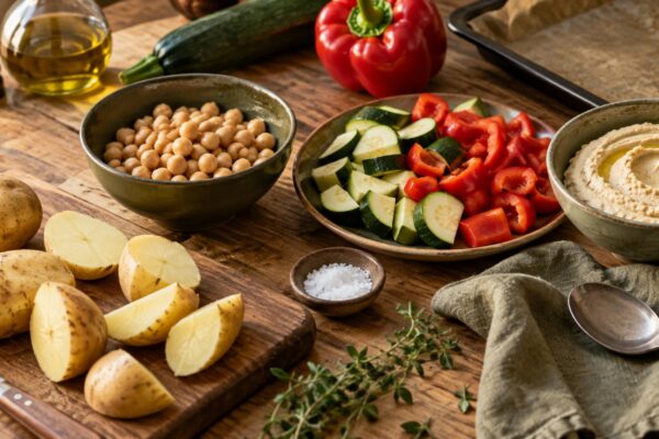 Ofengemüse-Hummus-Bowl mit Kartoffeln