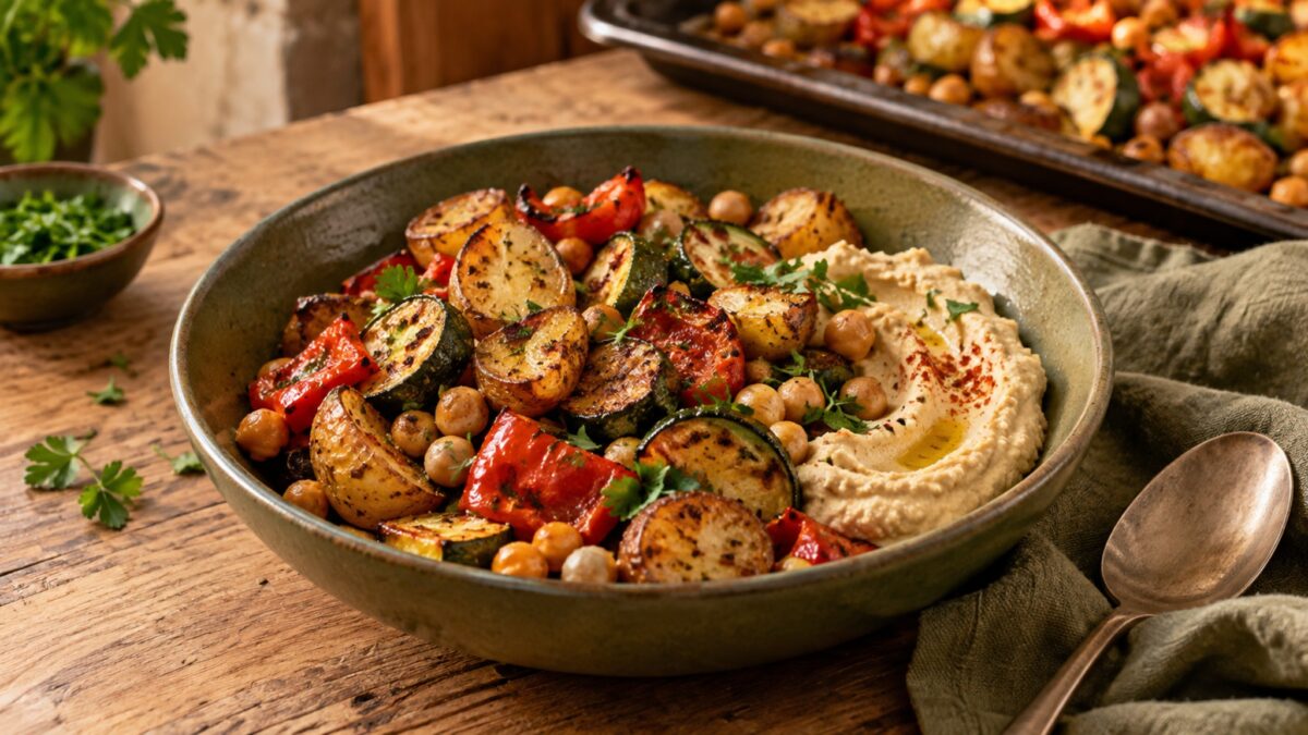 Ofengemüse-Hummus-Bowl mit Kartoffeln